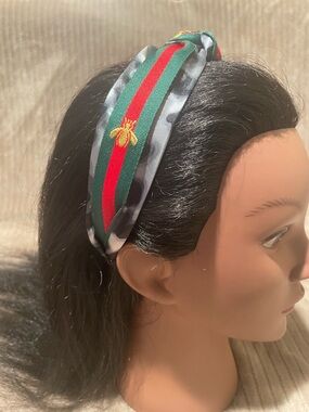 Green and Red Stripe Bee Embroidered Headband